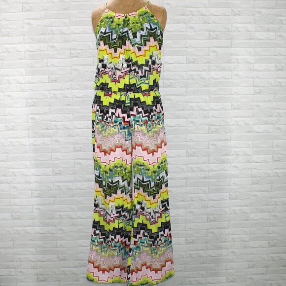 PINK OWL Jumpsuit Chevron Stripes Colorful Pleated Wide Leg Resortwear Green SM - Picture 1 of 14